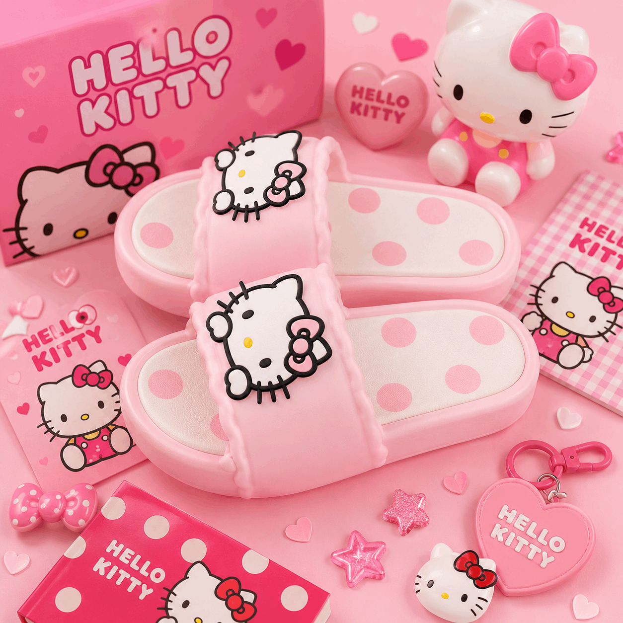 Pink Hello Kitty slide sandals with white polka dots and a large Hello Kitty face on the strap, shown with matching Hello Kitty accessories and packaging on a pink background.