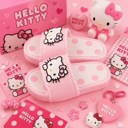 Pink Hello Kitty slide sandals with white polka dots and a large Hello Kitty face on the strap, shown with matching Hello Kitty accessories and packaging on a pink background.