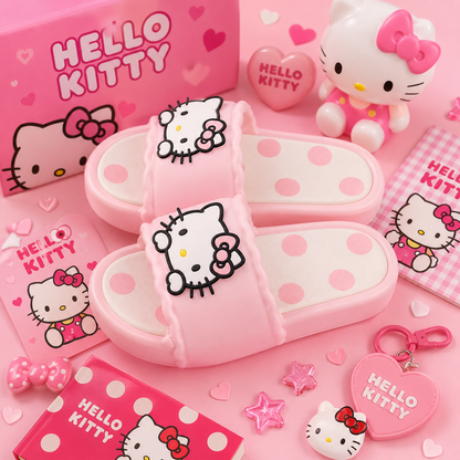 Pink Hello Kitty slide sandals with white polka dots and a large Hello Kitty face on the strap, shown with matching Hello Kitty accessories and packaging on a pink background.