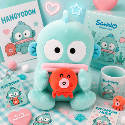 A cute merchandise set featuring a light blue plush character holding a small orange plush, with matching branded boxes, a mug, cards, and accessories in pastel colors on a checkered surface.