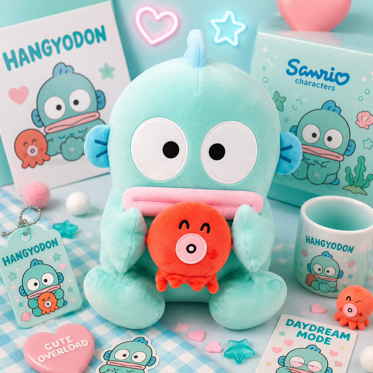 A cute merchandise set featuring a light blue plush character holding a small orange plush, with matching branded boxes, a mug, cards, and accessories in pastel colors on a checkered surface.