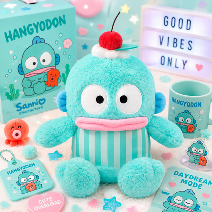 A Sanrio Hangyodon plush toy in bright aqua blue with a pink mouth and a red cherry on top, displayed with branded merchandise including a box, mug, keychain, acrylic charm, and printed cards on a pastel studio set.