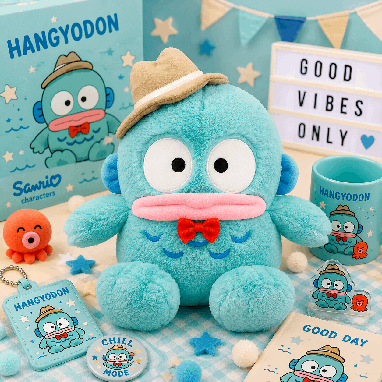 A blue plush character toy with a beige hat, pink mouth, and red bow tie, displayed with matching merchandise including a mug, card, sticker, and small plush on a light blue checkered surface.