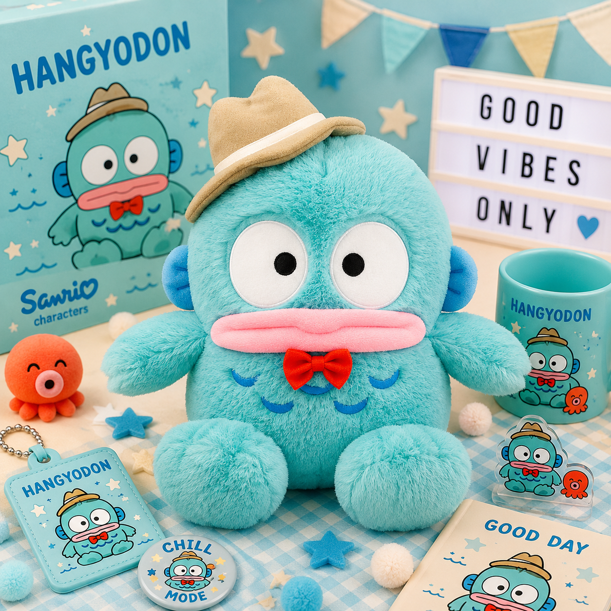 A blue plush character toy with a beige hat, pink mouth, and red bow tie, displayed with matching merchandise including a mug, card, sticker, and small plush on a light blue checkered surface.
