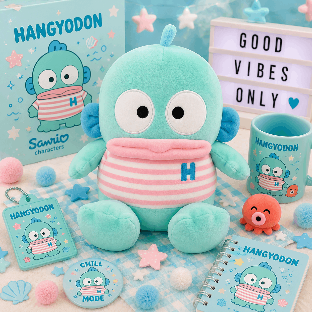 A Sanrio Hangyodon plush toy in mint green and pink striped clothing, displayed with matching merchandise including a mug, notebook, keychain, badge, and star accessories on a pastel blue and white checkered surface.