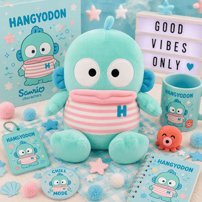 A Sanrio Hangyodon plush toy in mint green and pink striped clothing, displayed with matching merchandise including a mug, notebook, keychain, badge, and star accessories on a pastel blue and white checkered surface.