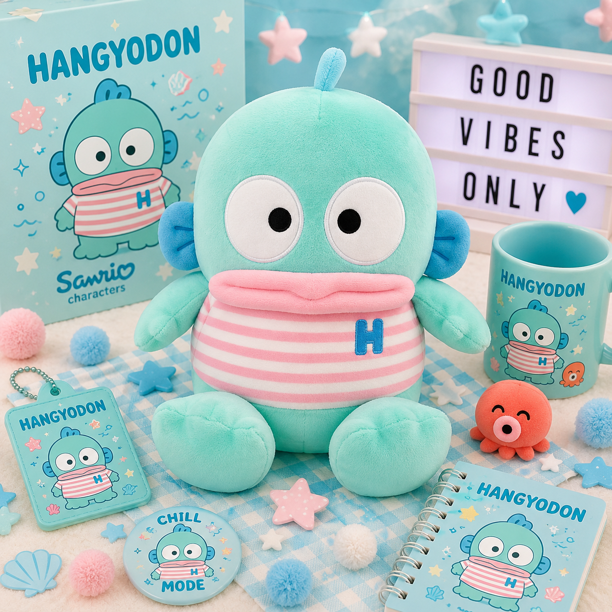 A Sanrio Hangyodon plush toy in mint green and pink striped clothing, displayed with matching merchandise including a mug, notebook, keychain, badge, and star accessories on a pastel blue and white checkered surface.
