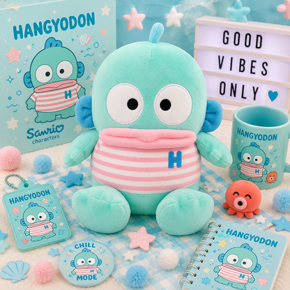 A Sanrio Hangyodon plush toy in mint green and pink striped clothing, displayed with matching merchandise including a mug, notebook, keychain, badge, and star accessories on a pastel blue and white checkered surface.