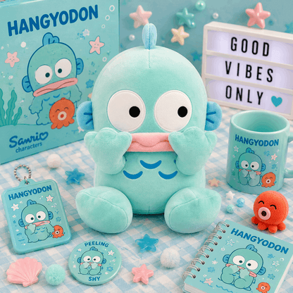 A Sanrio Hangyodon plush toy displayed with matching merchandise, including a mug, notebook, keychain, pin, and card, on a pastel blue and white checkered surface with star and pom-pom decorations.