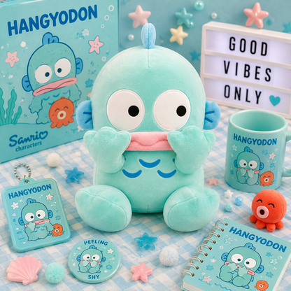 A Sanrio Hangyodon plush toy displayed with matching merchandise, including a mug, notebook, keychain, pin, and card, on a pastel blue and white checkered surface with star and pom-pom decorations.