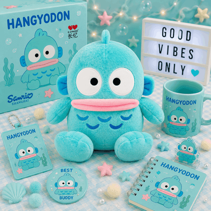A colorful product display featuring a light blue Hangyodon plush toy, a matching mug, a notebook, a keychain, a round pin, and a character box on a checkered blue and white blanket with star and bubble decorations.