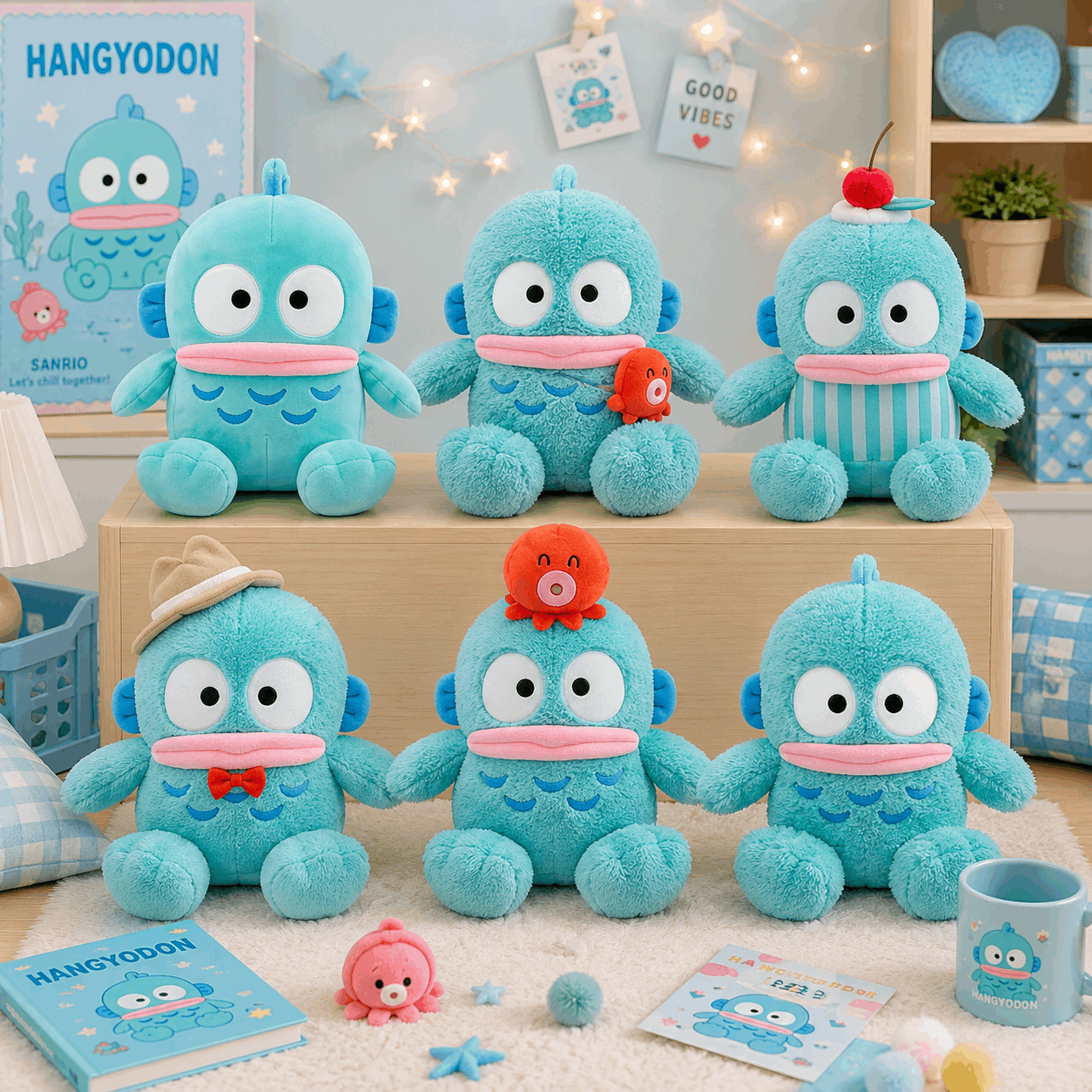 A set of eight light blue plush monster toys with large white eyes and pink mouths, arranged on a wooden shelf and floor in a styled room with books, a mug, and decorative items. The character 'Hangyodon' is visible on the book and poster.
