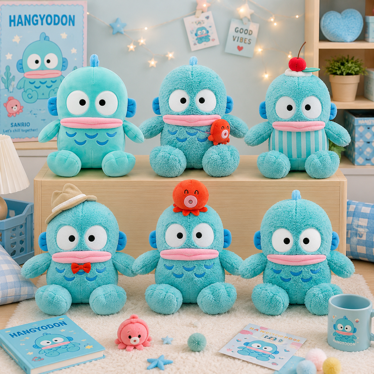 A set of eight light blue plush monster toys with large white eyes and pink mouths, arranged on a wooden shelf and floor in a styled room with books, a mug, and decorative items. The character 'Hangyodon' is visible on the book and poster.