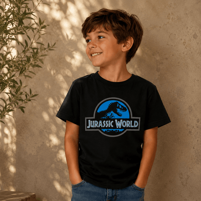 A young boy wearing a black t-shirt with a blue and gray Jurassic World logo, standing against a textured beige wall with leaf shadows.