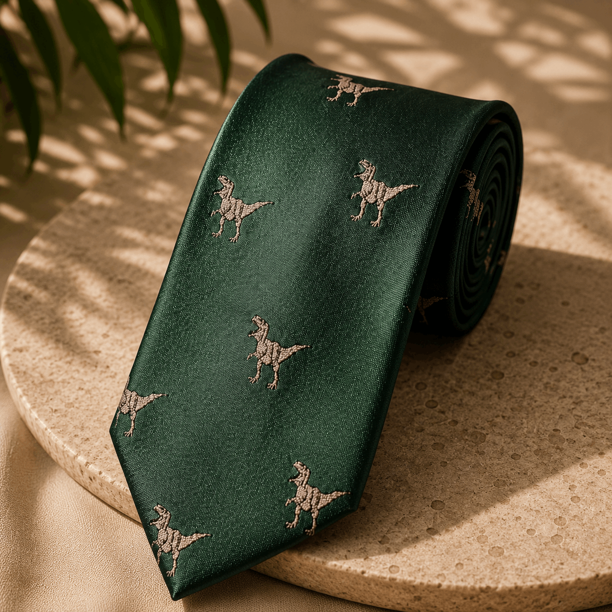 A dark green necktie with a repeating pattern of small dinosaur silhouettes, styled on a round beige stone surface with soft leaf shadows.