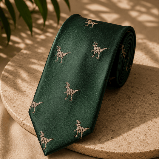 A dark green necktie with a repeating pattern of small dinosaur silhouettes, styled on a round beige stone surface with soft leaf shadows.