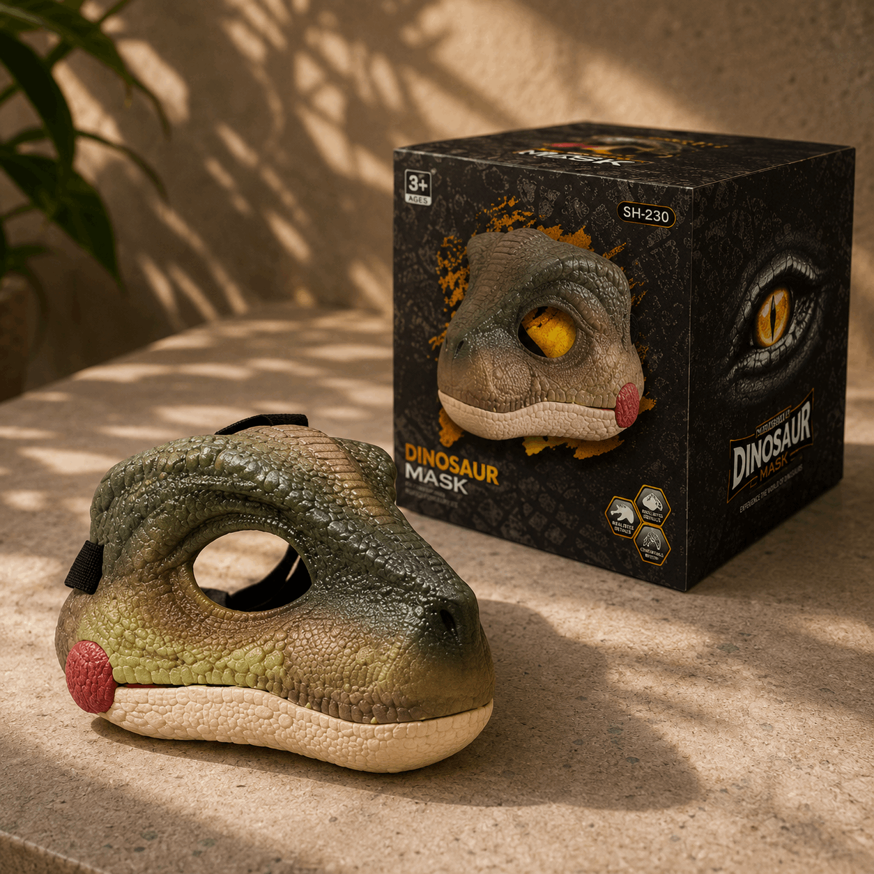 A realistic green and beige dinosaur mask with yellow eyes and a pink nose sits on a stone surface next to its black retail box labeled 'DINOSAUR MASK'.