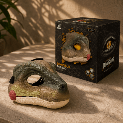 A realistic green and beige dinosaur mask with yellow eyes and a pink nose sits on a stone surface next to its black retail box labeled 'DINOSAUR MASK'.