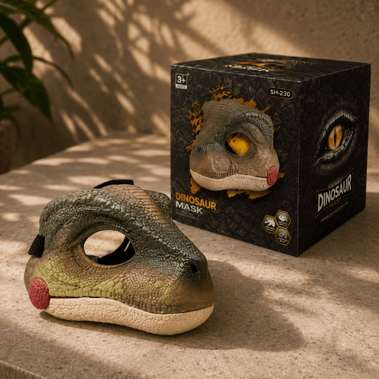 A realistic green and beige dinosaur mask with yellow eyes and a pink nose sits on a stone surface next to its black retail box labeled 'DINOSAUR MASK'.