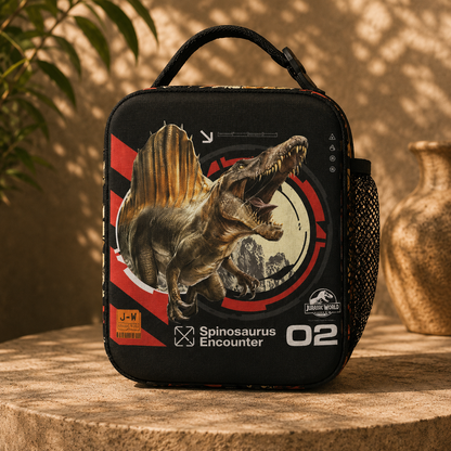 A black Jurassic World Spinosaurus Encounter lunch bag featuring a large printed dinosaur graphic, resting on a stone pedestal with a warm, sunlit background.