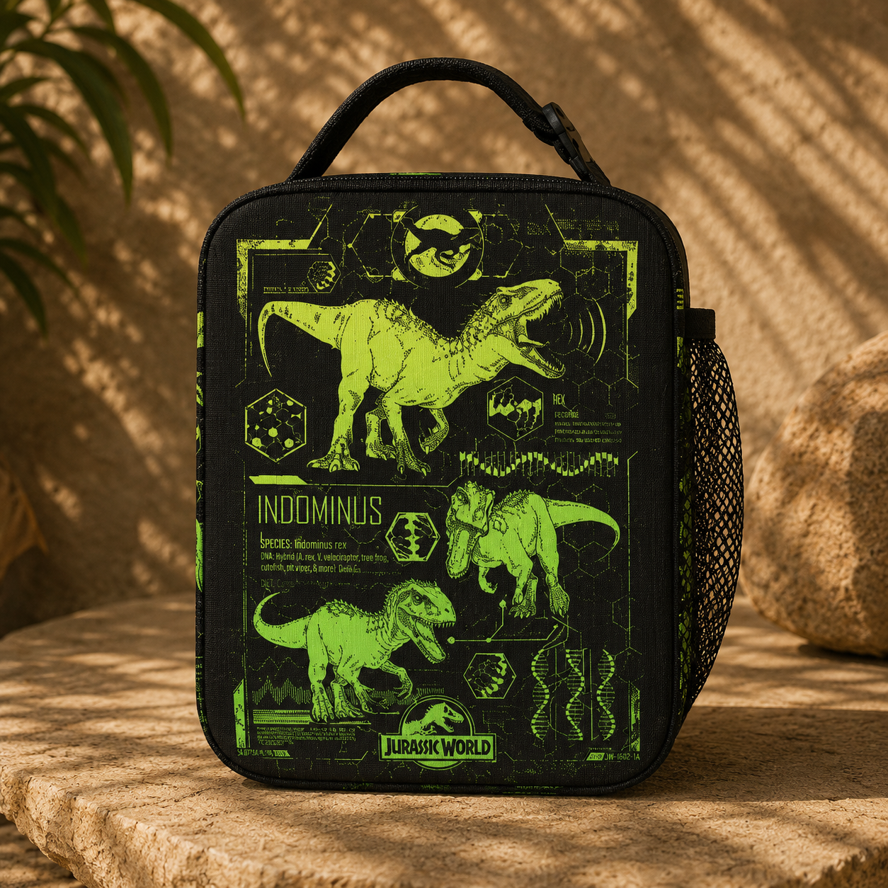 A black Jurassic World themed lunch bag with neon green dinosaur illustrations, displayed on a stone surface with warm, sandy shadows.