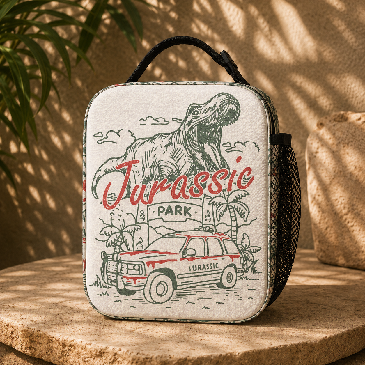 A Jurassic Park themed lunch bag with a dinosaur illustration, red script logo, and a red-and-white vehicle graphic, displayed on a stone surface with warm natural shadows.