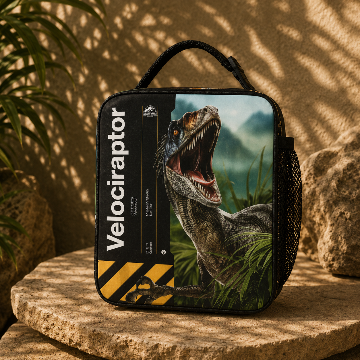 A black insulated lunch bag with a dinosaur print, featuring the text 'Velociraptor' and a Jurassic Park-style raptor graphic, displayed on a stone surface with warm natural shadows.