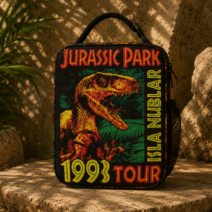 A Jurassic Park themed lunch bag featuring a graphic of a T-Rex with 'JURASSIC PARK', '1993 TOUR', and 'ISLA NUBLAR' printed on the front, set on a stone surface with a textured stone wall background.