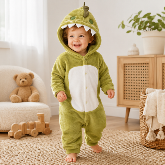 A baby wearing a green dinosaur onesie costume with a white belly panel, walking barefoot on a woven rug in a bright, cozy room.