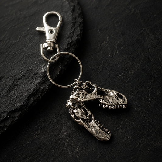 A silver-toned metal keychain featuring two dinosaur skull charms, one interlocking with the other, attached to a split ring and lobster clasp, displayed on a dark textured slate surface.
