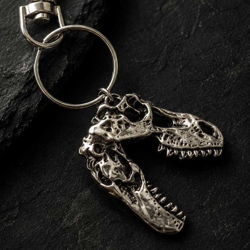 A silver metal keychain featuring two dinosaur skull charms, one larger and one smaller, attached to a split key ring, displayed on a dark textured slate background.