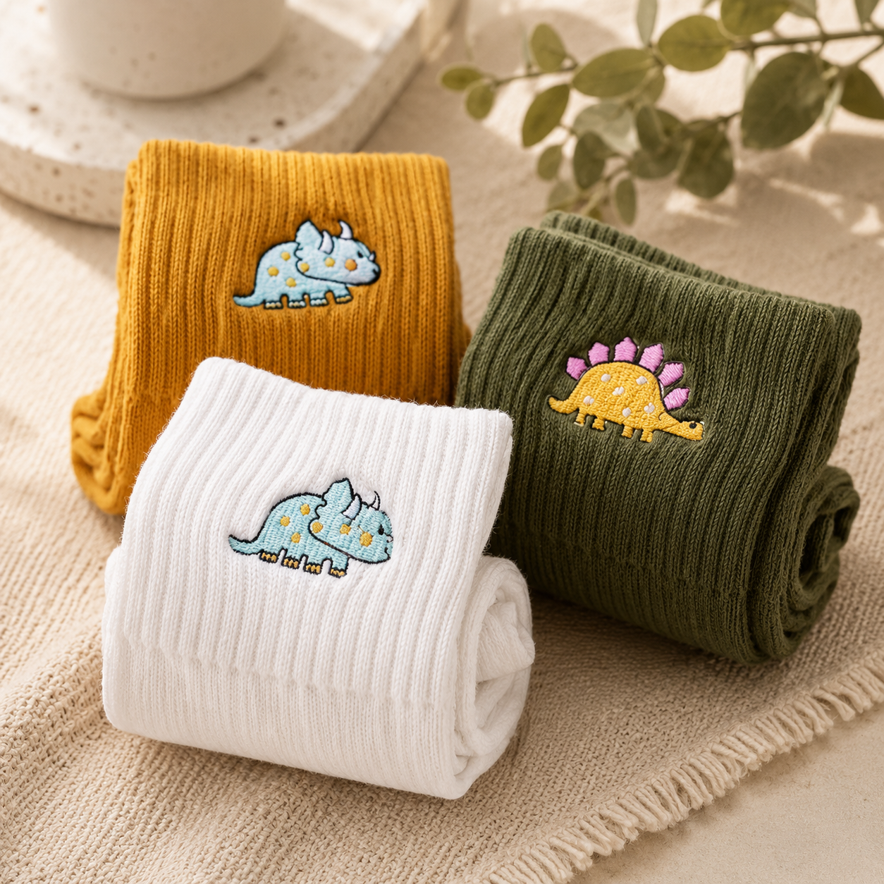 Three pairs of ribbed knit socks rolled up and arranged on a beige fabric surface. The socks are white, mustard yellow, and olive green, each featuring a small embroidered dinosaur design on the front.