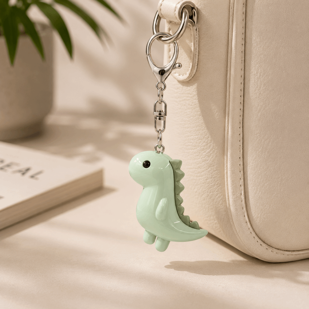 A mint green dinosaur keychain charm with a black eye and silver metal clasp, hanging from a cream-colored leather bag on a light beige surface.