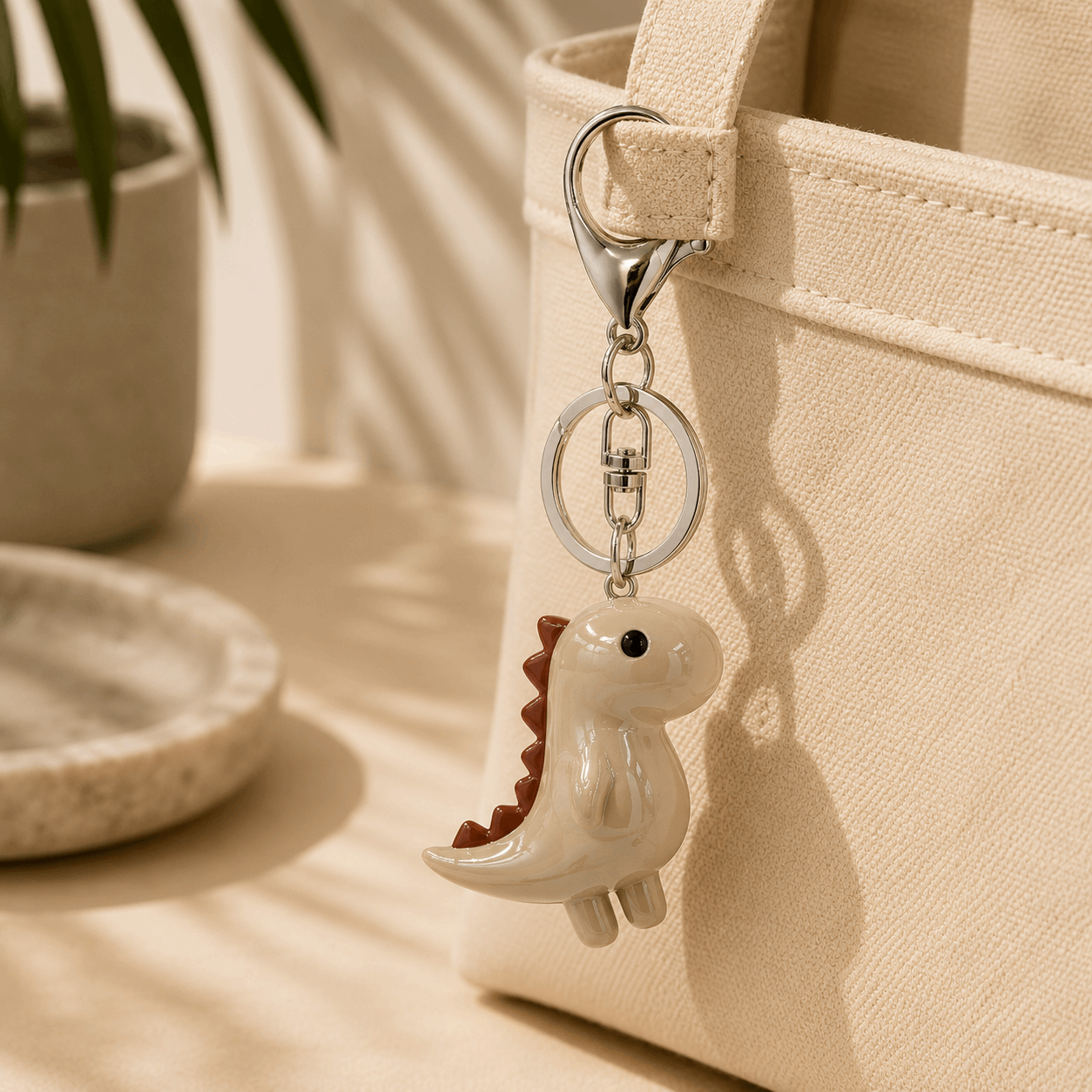 A cute dinosaur keychain charm with a cream-colored body and a reddish-brown spiky back, hanging from a silver clasp on a beige canvas tote bag.