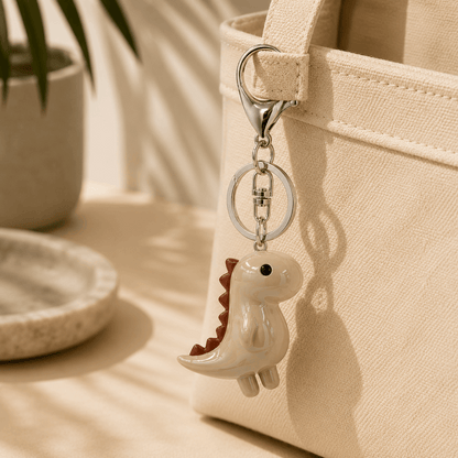A cute dinosaur keychain charm with a cream-colored body and a reddish-brown spiky back, hanging from a silver clasp on a beige canvas tote bag.