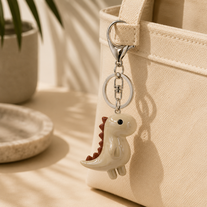 A cute dinosaur keychain charm with a cream-colored body and a reddish-brown spiky back, hanging from a silver clasp on a beige canvas tote bag.