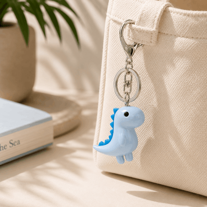 A light blue dinosaur keychain charm with a bright blue spiked back and silver metal rings, hanging from a cream canvas tote bag in a softly lit indoor setting.