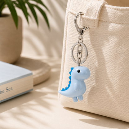 A light blue dinosaur keychain charm with a bright blue spiked back and silver metal rings, hanging from a cream canvas tote bag in a softly lit indoor setting.