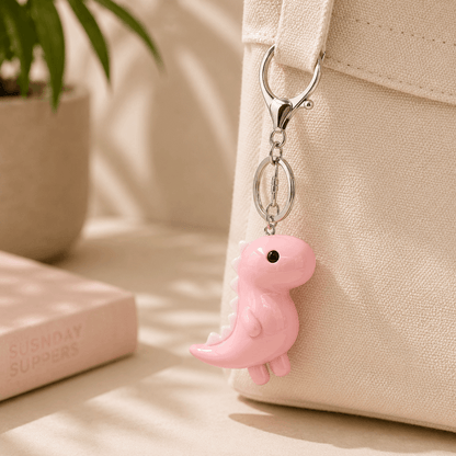 A pink dinosaur keychain charm with a silver metal clasp, shown hanging from a cream canvas bag in a softly lit, styled setting with a potted plant and a book in the background.