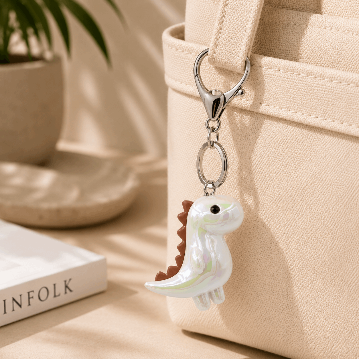 A cute white dinosaur keychain charm with a brown spiky back and black eyes, attached to a silver clasp on a beige canvas tote bag. The scene is styled with a book, a potted plant, and warm natural shadows.