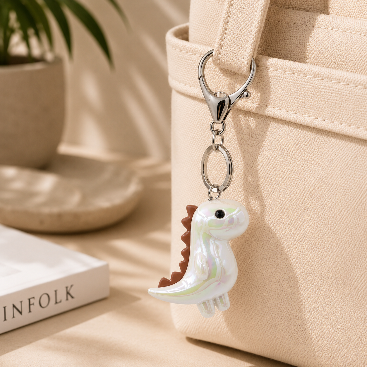 A cute white dinosaur keychain charm with a brown spiky back and black eyes, attached to a silver clasp on a beige canvas tote bag. The scene is styled with a book, a potted plant, and warm natural shadows.