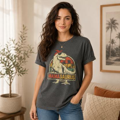 A woman wearing a dark gray graphic t-shirt with a 'MAMASAUROUS' dinosaur design, standing in a brightly lit room with a potted plant and a framed picture in the background.