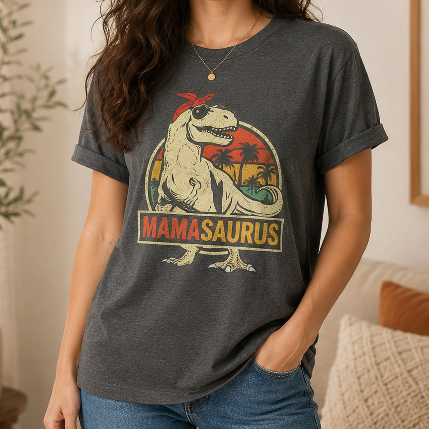 A woman wearing a dark gray heather t-shirt with a retro-style graphic of a T-Rex wearing a red bandana and the text 'MAMASAUROS'.