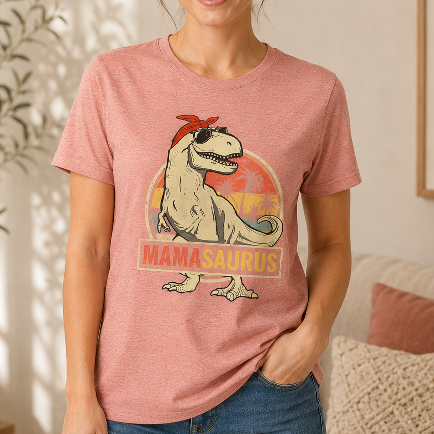 A woman wearing a heathered pink t-shirt with a retro-style graphic of a T-Rex wearing sunglasses and a red bandana, with the text 'MAMASAURUS' and '1975' below it.
