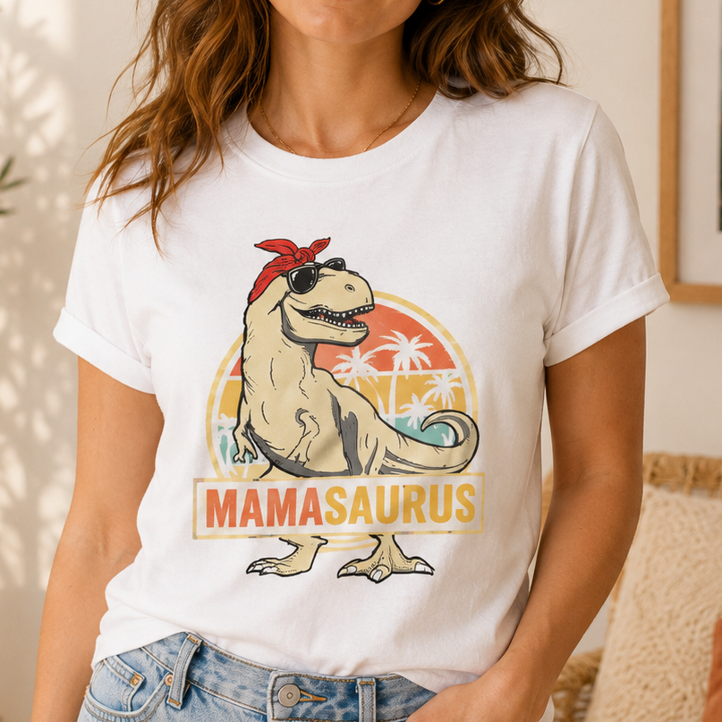 A woman wearing a white short-sleeve graphic T-shirt with a cartoon T-rex wearing sunglasses and a red bandana, above the text 'MAMASAURUS', paired with light blue jeans in a softly lit indoor setting.