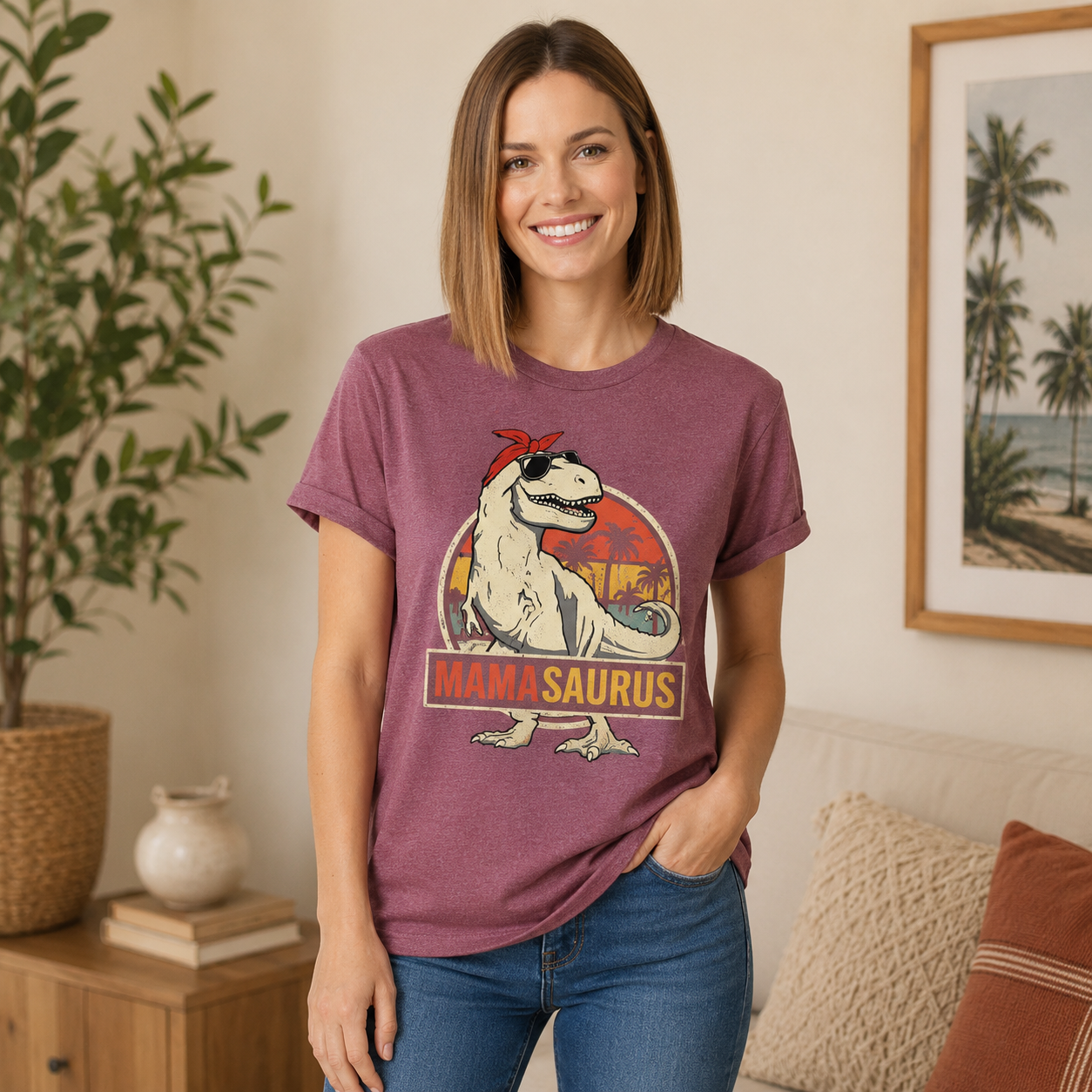 A woman wearing a heathered purple graphic t-shirt with a retro 'Mama Saurus' design from Jurassic Park, paired with blue jeans in a cozy, sunlit living room setting.