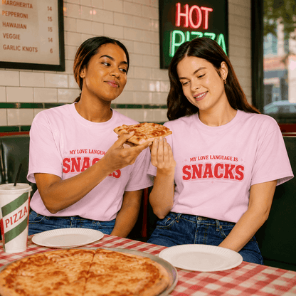 Two women sitting at a restaurant table wearing matching light pink t-shirts with the red text 'MY LOVE LANGUAGE IS SNACKS'. One woman holds a slice of pizza towards the other.