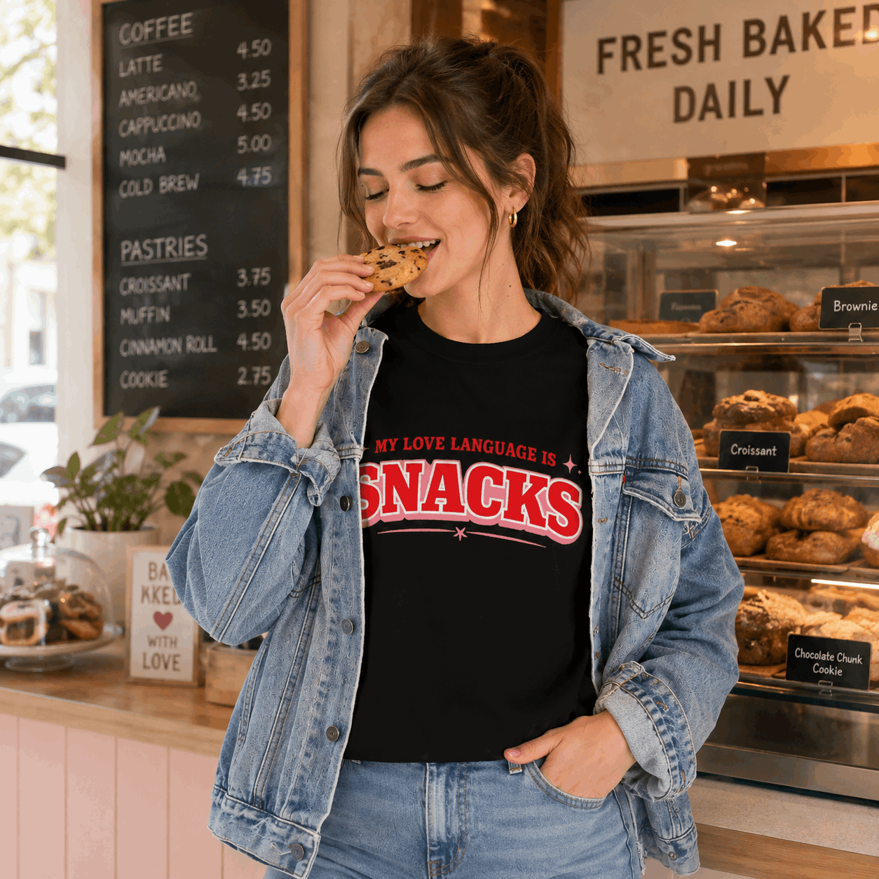 A woman in a cafe setting wearing a black graphic t-shirt that reads 'MY LOVE LANGUAGE IS SNACKS' in red and white, styled with a light-wash denim jacket and blue jeans.