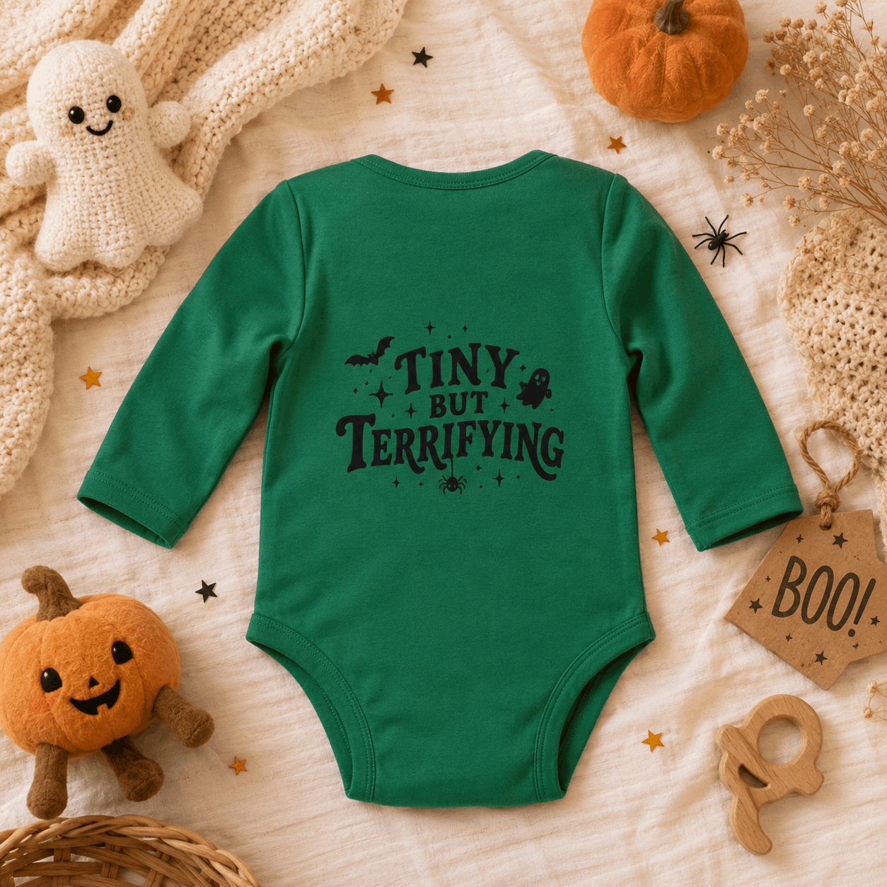 A green long-sleeve baby bodysuit with a black 'TINY BUT TERRIFYING' Halloween graphic, styled in a flat lay with autumn and Halloween props including a small pumpkin, a crochet ghost, and a 'BOO!' tag on a cream fabric background.