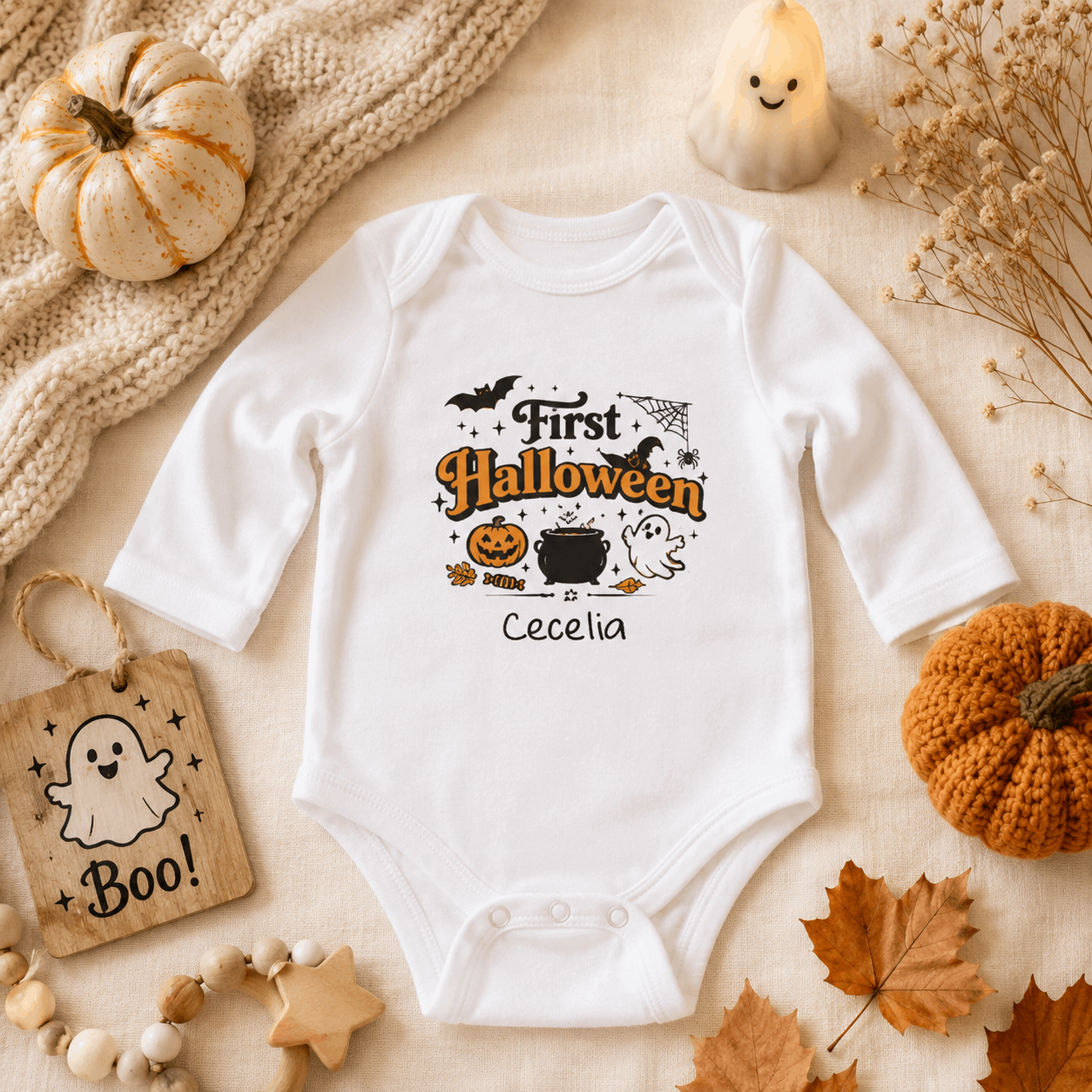 A white long-sleeve baby bodysuit with a 'First Halloween' graphic, styled in a cozy autumn flat-lay with a knit blanket, small pumpkins, dried flowers, a candle, and fall leaves.